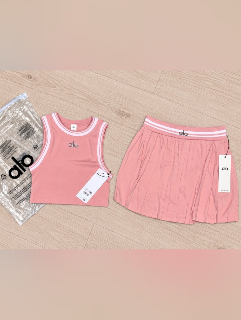 ALO Yoga Pink Pleated Tennis Skirt with Matching Crop Tank